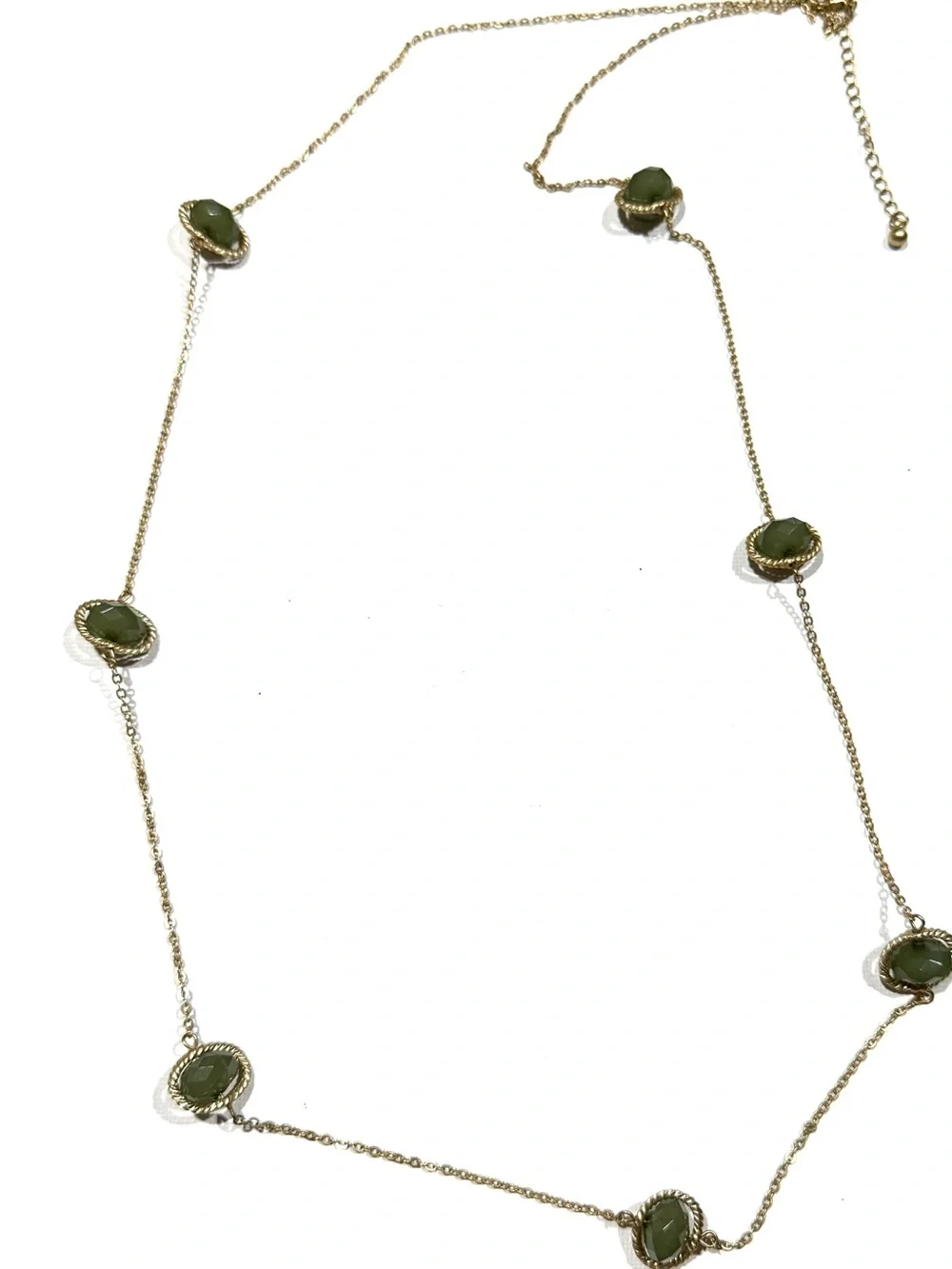 Gold Tone Olive Green Faceted Stone Long Station Necklace